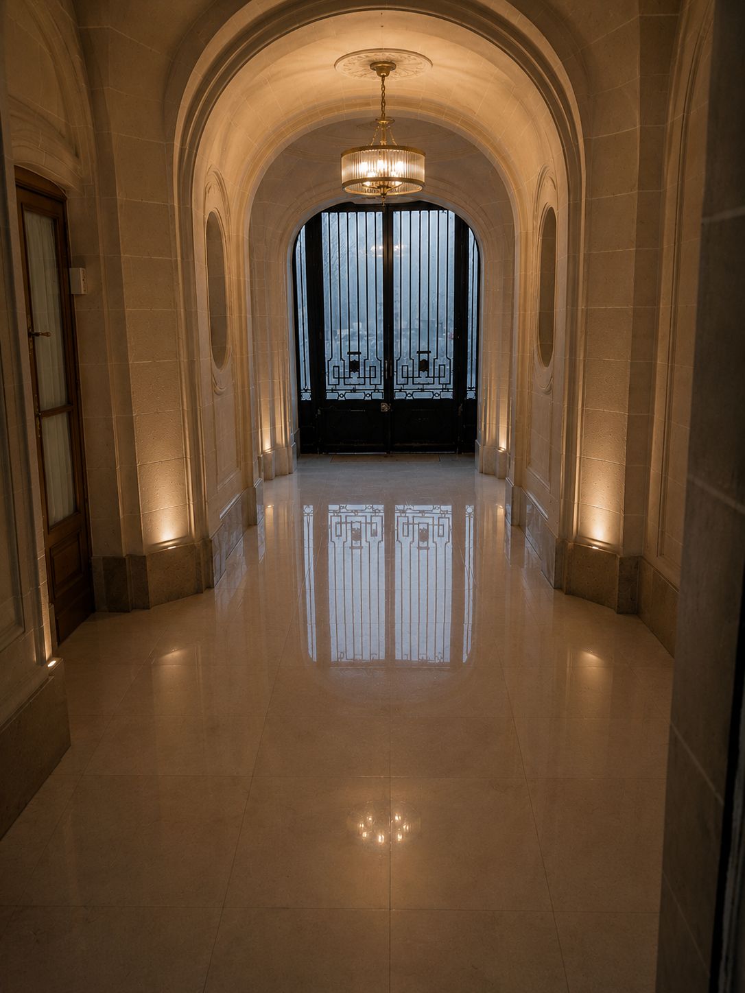 Hall de copropriété rénové avec éclairage d'ambiance et sol poli