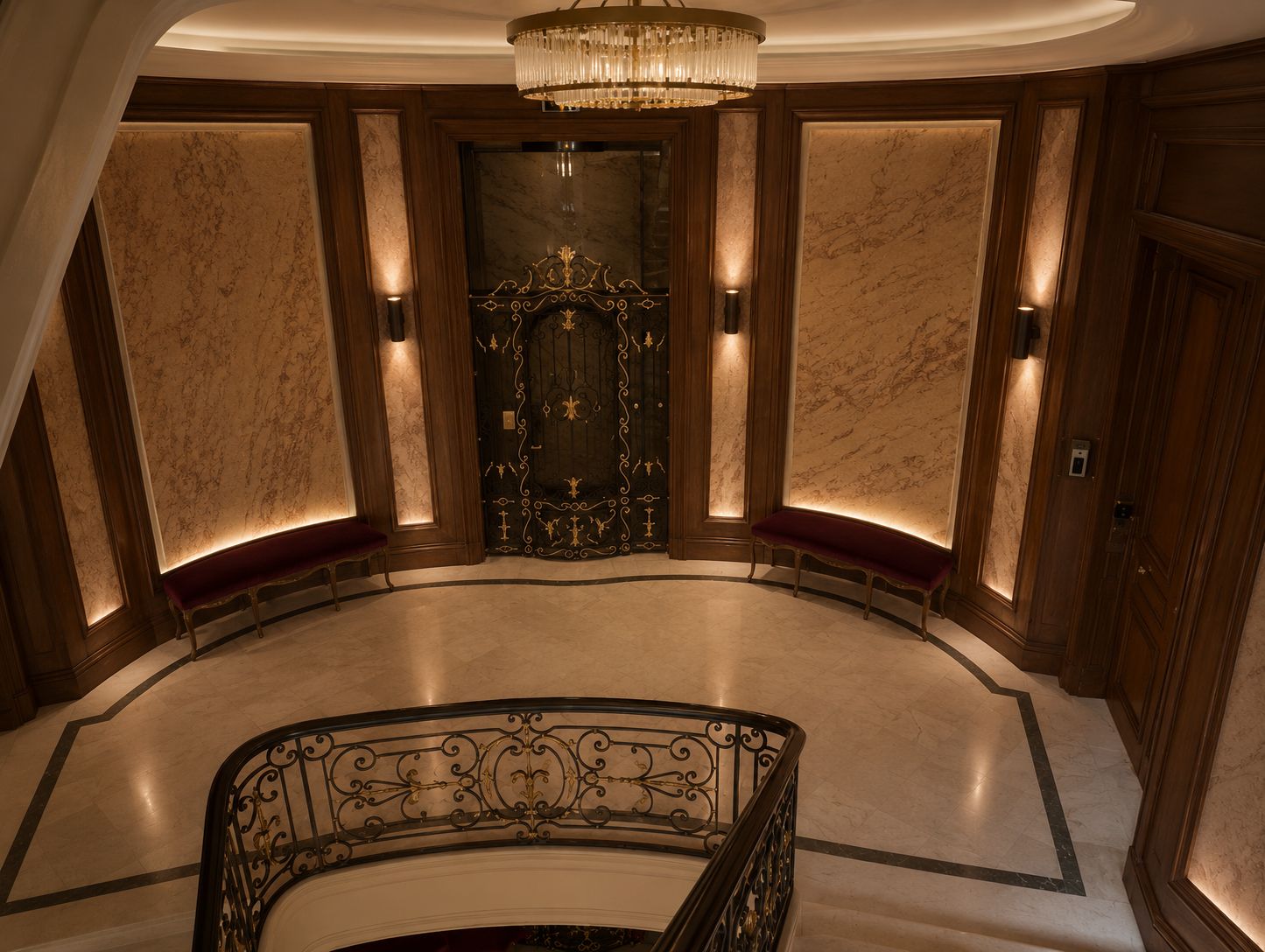 Rotonde de copropriété rénovée avec lustre central